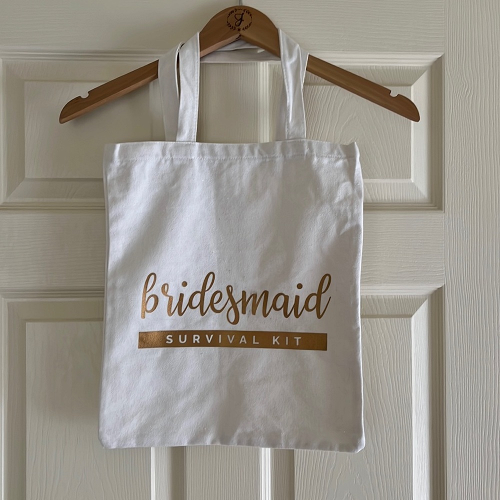 Bridesmaid Survival Kit White Tote, Gold lettering, Medium sized